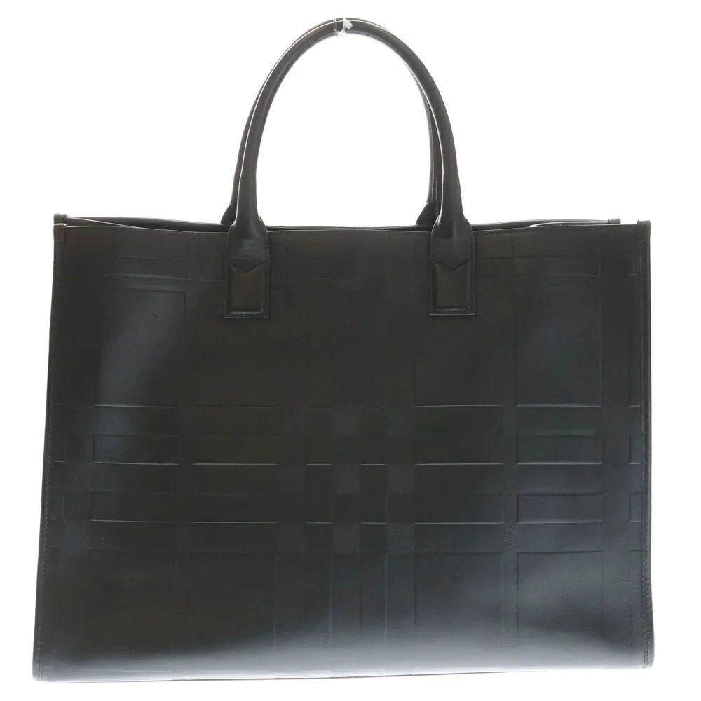 BURBERRY Check Embossed Leather Tote Bag Black - Picture 2 of 6